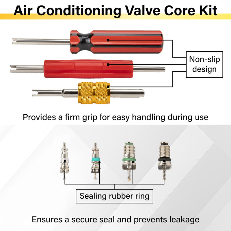 39 PCS Air Conditioning Valve Core Accessories Kit, R12 R134a Refrigeration Schrader Tire Valve Stem Cores with Single & Dual Heads Valve Core Remover Installer Tool, HVAC System Seal Caps Kit