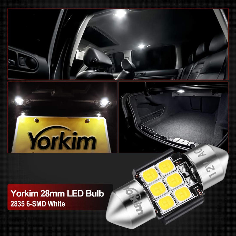 Yorkim 28mm De3175 LED Bulb White Super Bright Festoon 28mm 29mm bulb Error Free CANBUS 6-SMD 2835 Chipsets For Interior Lights, DE3022 3175 3022 LED Bulb - Pack of 2