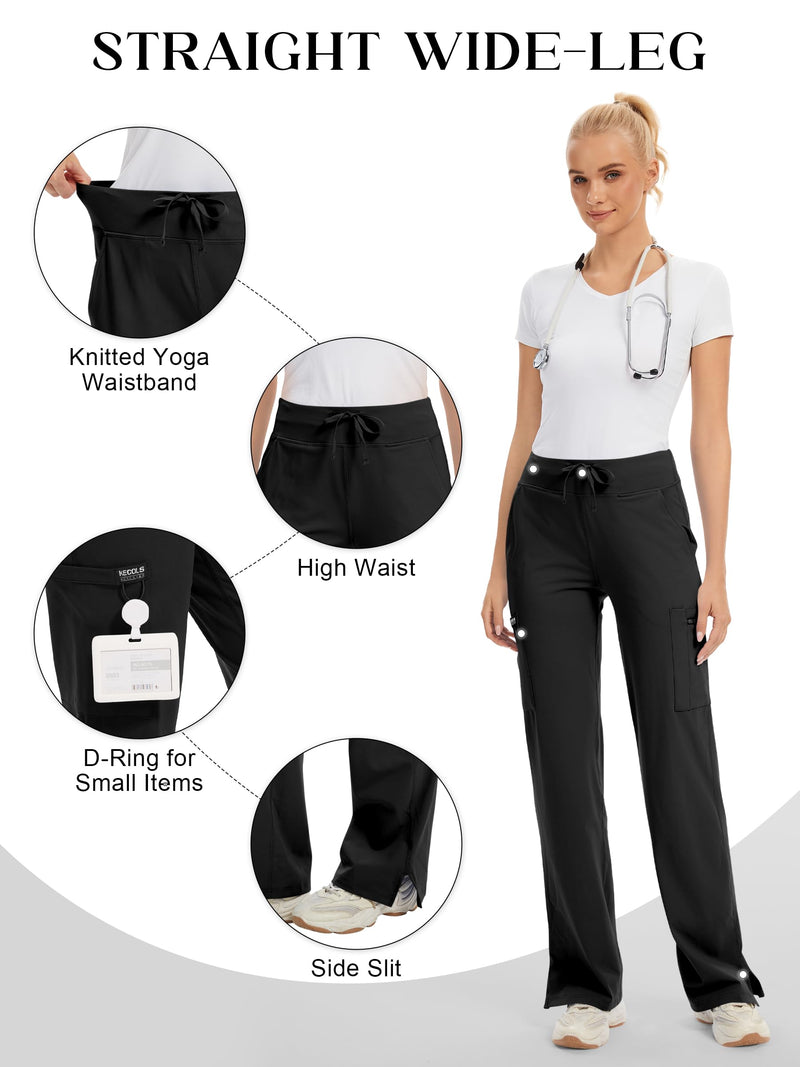 Yoga Scrub Pants Women High-Rise Straight Leg Uniform Cargo Bottom with Yoga Waistband,5 Pockets & 4-Way Stretch Regular Medium Black