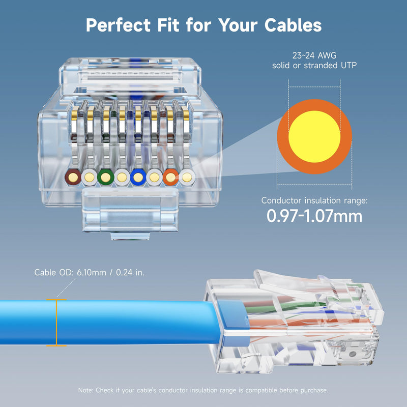 Cable Matters 200-Pack Cat 6 Pass Through RJ45 Connectors, 50µ Gold Plated (Cat 6 Ends / Cat6 Connector /RJ45 Modular Plugs/Ethernet Plugs/Network Connector) for Solid or Stranded UTP Ethernet Cable