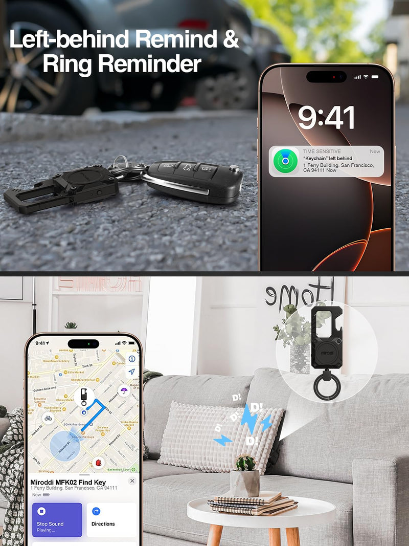 Miroddi Keychain with Smart Tracker, Men's Keychain Works with Find My(iOS Only), Heavy Duty Car Key Chains with Bottle Opener Fob Carabiner, Key Finder, GPS Anti-lost, Rechargeable, Black