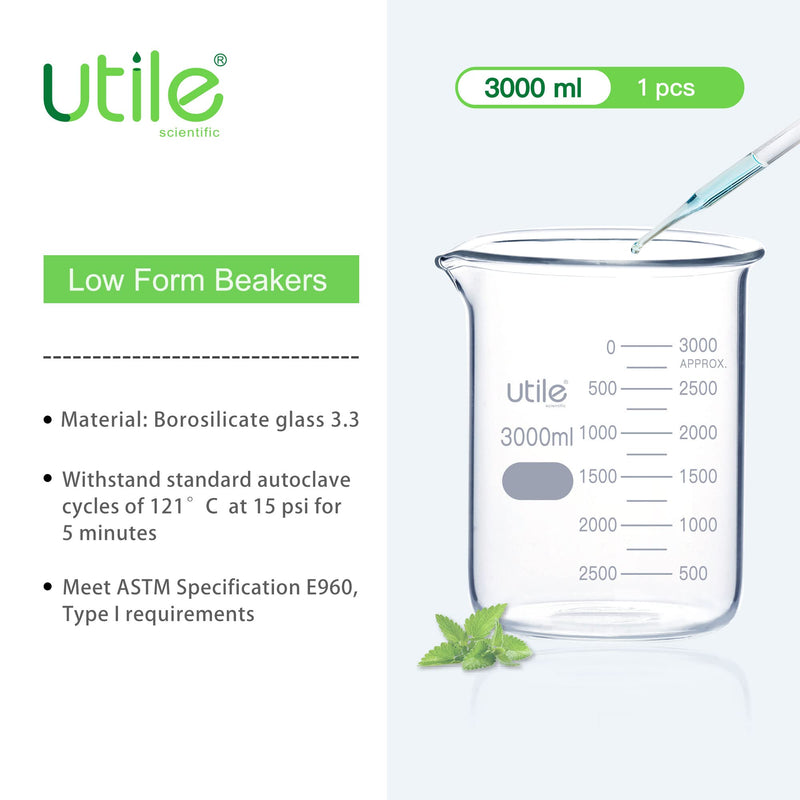 Utile 101.45oz(3000ml) Low Form Glass Beakers, Borosilicate 3.3 Glass with Printed Graduation, 4000.3000.1 Vol.3000ml