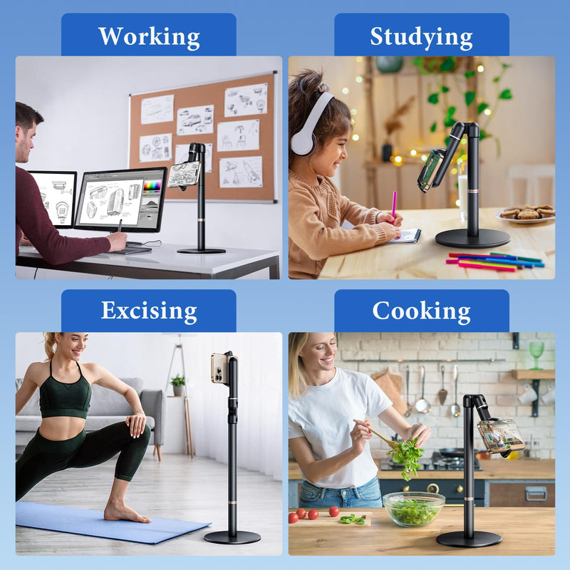 Angle Height Adjustable Phone Holder for Desk [10"-25"] - Retractable Cell Phone Holder for Video Recording Cooking Excising Working Reading -Aluminum iPhone 17 16 15 14 Pro Max Air Stand Clip