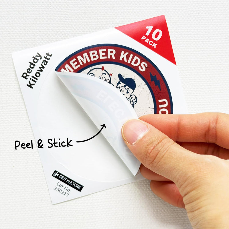 GRITKULTURE Remember Kids Electricity Will Kill You Decal Stickers 10 Pack 2.95 Inch Safety Warning for Hard Hat, Blue Collar, Car, Truck, Window, Reddy Kilowatt, Outlets