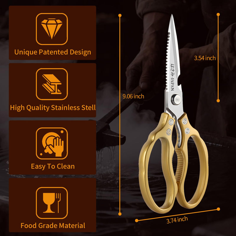 Kitchen Scissors, Multi-Purpose Japanese Kitchen Shears, Heavy Duty Dishwasher Safe Food Scissors for Chicken, Poultry, Fish, Meat & Herbs with Non-Slip Grips - Sliver Gold&gold 2-Pack