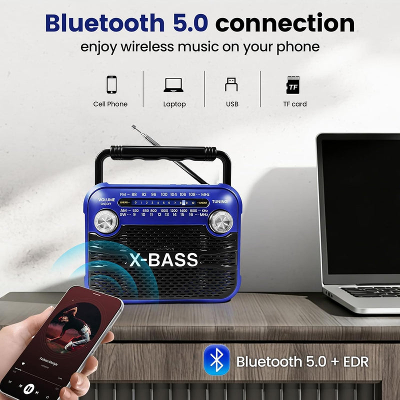 Xbass Stereo Sound Radios Portable AM FM SW Solar Bluetooth Radio with Emergency Flashlight Support USB/TF Player,D Battery Operated/USB Charge,Digital Tuner & Earphone Jack for Outdoor/Indoor/Home