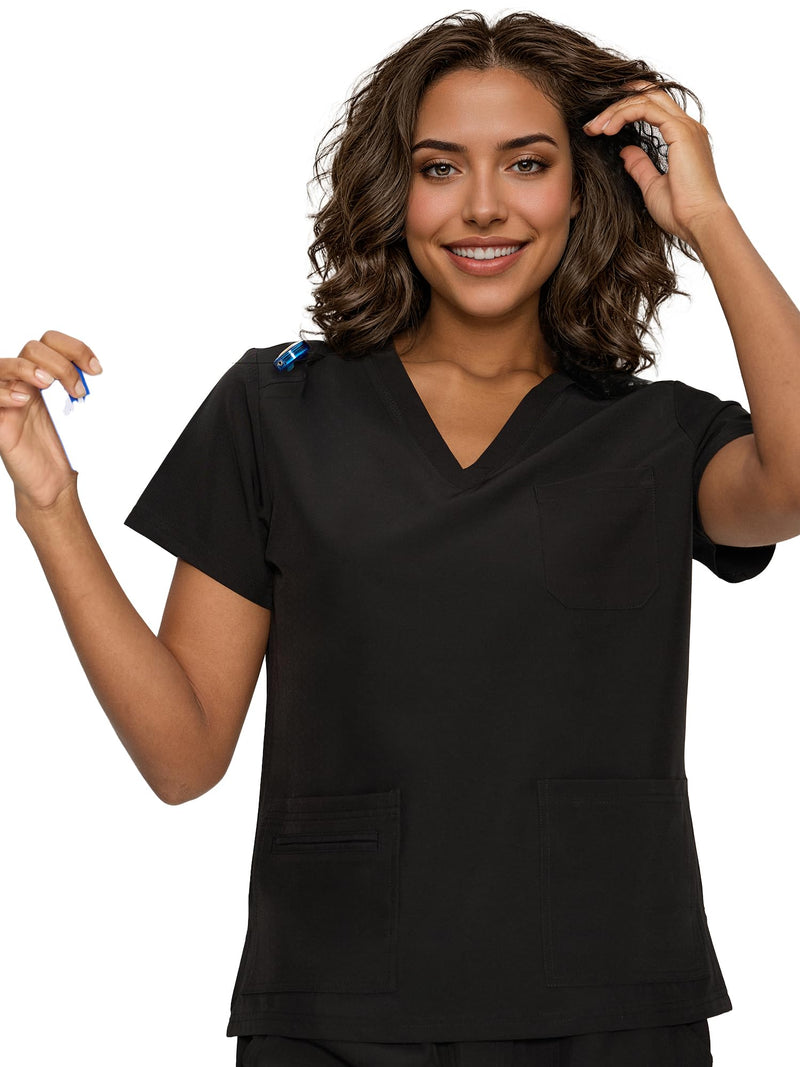 floralhue Scrubs for Women, V-Neck Scrubs Top & Cargo Pants with 12 Pockets, Yoga Waistband, 4 Way Stretch Large Black