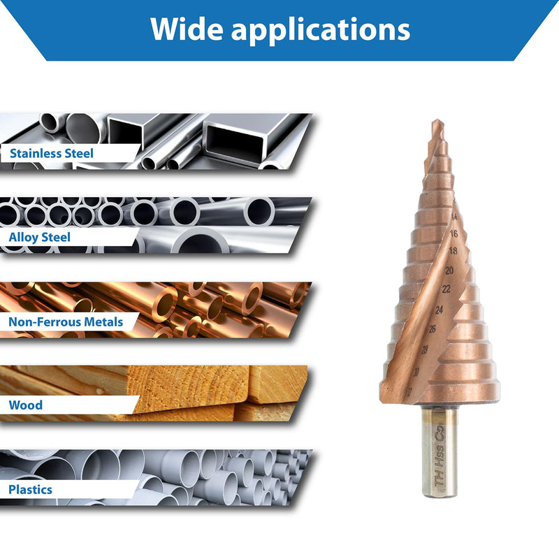 TJR® HSS-E M35 Cobalt Step Drill Bit Set, 3 Pcs, 2-Fluted Spiral Grooved with 29 Step (4-32mm) Sizes Total for Faster Drilling in Stainless Steel, Alloy Steel, Non-Ferrous Metals, Wood, Plastics