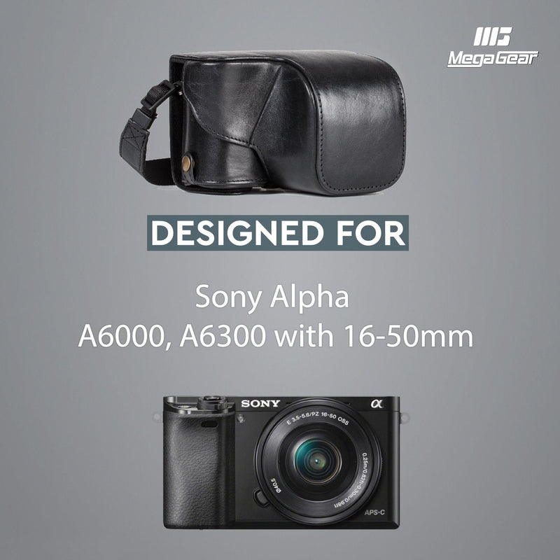 MegaGear Ever Ready Genuine Leather Camera Case and Bag for Sony Alpha A6300, A6000 (16-50 mm) (Black) One Size Black