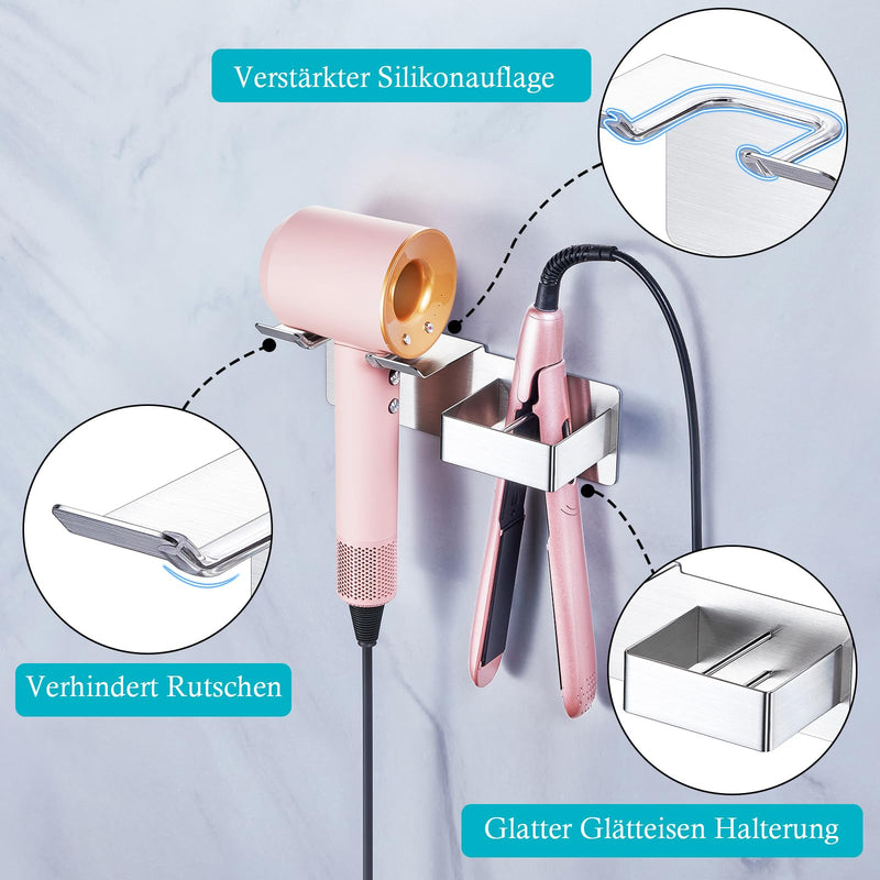  [AUSTRALIA] - Hairdryer and Straightener Holder, Hair Dryer Holder Wall Mounted, Hair Straightener Holder, Stainless Steel Straighteners Stand, Bathroom Storage for Hairdryer and Curling Iron (Silver) Silver