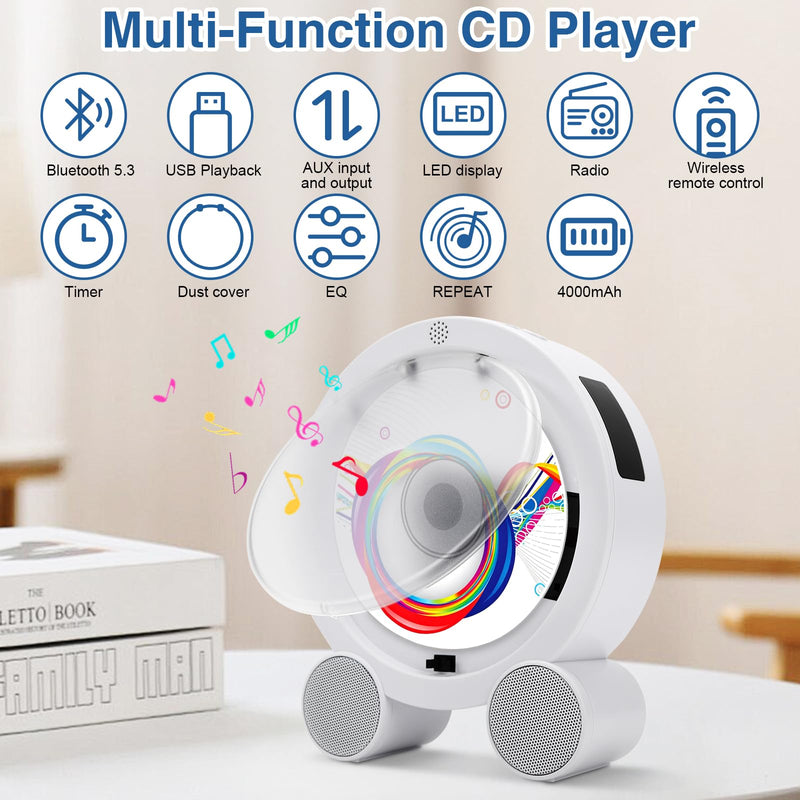 Portable CD Player with Bluetooth, Boombox Built-in 4000mAh Rechargeable Battery, FM Radio, 5 EQ Modes, Remote Control, Sleep Timer, AUX/USB – Compact Portable Radio, Great Gift for Kids, Family