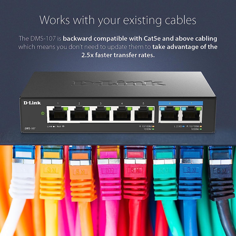 D-Link 7-Port 2.5GB Unmanaged Gaming Switch with 2 x 2.5G, 5 x 10/100/1000 Mbps - Multi-Gig, Network, Fanless, Plug & Play (DMS-107) Black 7-Port, 2 x 2.5G, 5 x 1000/100 Multi-Gig Switch