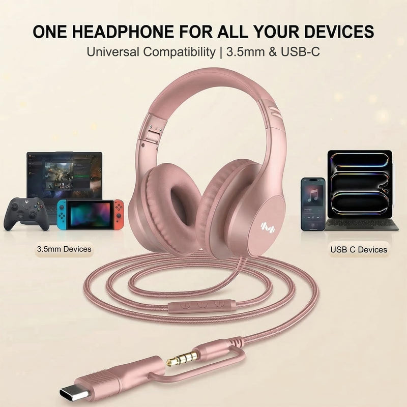 Wired Over-Ear Headphones, Mic, 3.5mm Jack, USB-C Adapter, Gold | Foldable over-ear headphones with soft cushions, inline mic, 3.5mm jack, and USB-C adapter for school, office, and travel.