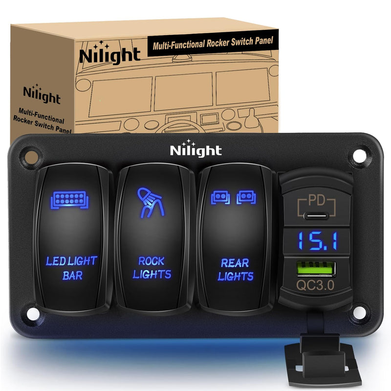 Nilight 3 Gang Rocker Switch Aluminum 12V 24V Laser Toggle Switch Panel Blue PD Type C USB Charger Voltmeter LED Light Bar Rock Lights Rear Lights for Car Truck Boat RV Type C +USB Blue