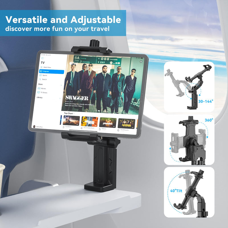 KDD Airplane Tablet Holder Mount, Adjustable Travel Essentials iPad Phone Stand with 360 Degree Rotation, Portable Tesla Model 3/Y Car Headrest Mount Compatible with iPad, Phone, Switch