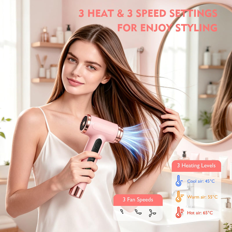 Cordless Hair Dryer, Portable Rechargeable Blow Dryer with Digital Screen, 3 Heat & Speed Settings, USB Charging, Lightweight Travel Hair Dryer for Home, Dorm, Travel, Camping & Outdoor Use (Pink) Pink