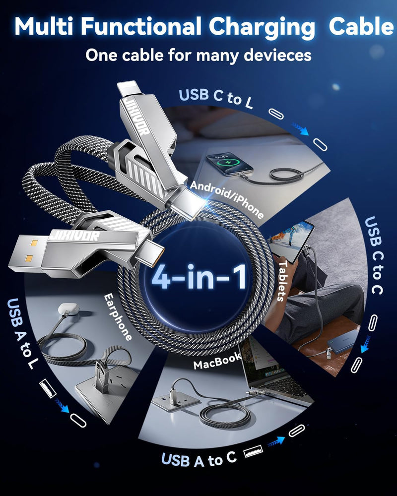 240W 4-in-1 Charging Cable Fast Charging & Data Transfer, 5FT Multi Charger Cord for All Devices, Support Apple CarPlay & Android Auto, USB C to Lightning Cable Combo for iPhone/iPad/Samsung 5FT-240W