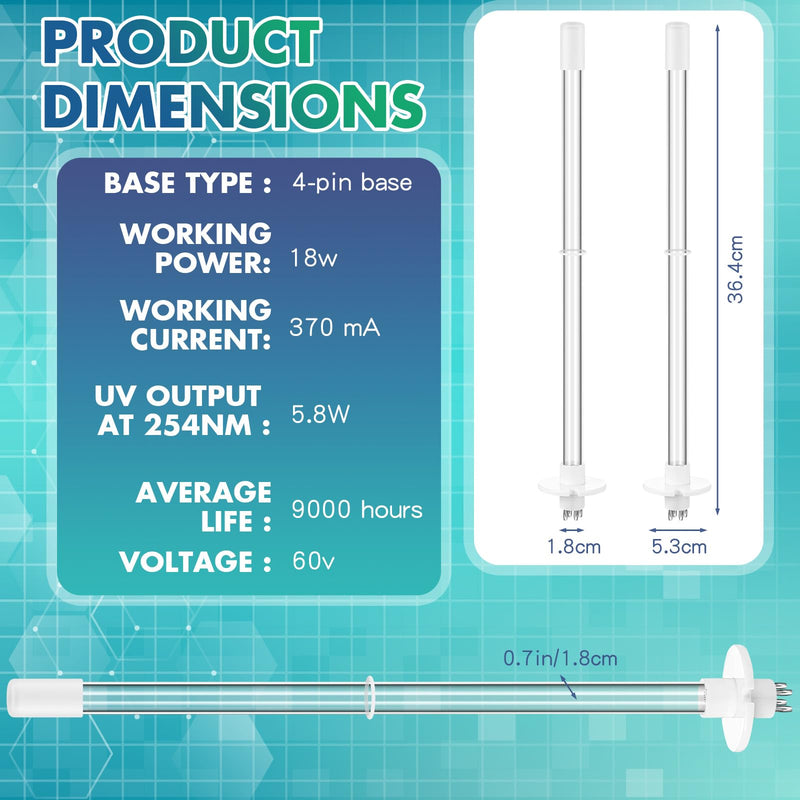 Qualirey 2 Pcs 14" UV Light Replacement Bulb 4 Pin Base 254NM 18W UV Lamp for AC HVAC
