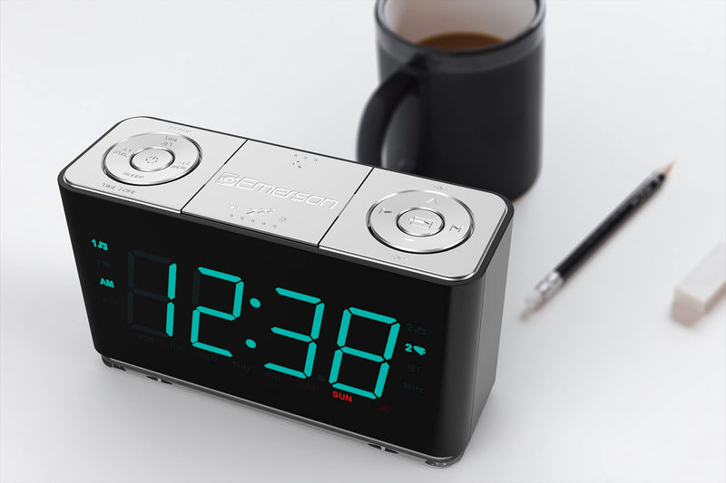 Emerson Smartset Alarm Clock Radio with Bluetooth Speaker with USB Port for iPhone/iPad/iPod/Android and Tablets, 1.4" Cyan LED Display and Night Light, ER100301
