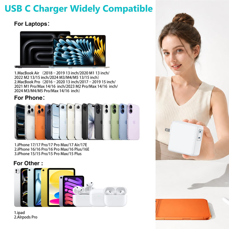 USB C MacBook Charger for MacBook Pro/MacBook Air 16 15 14 13 Inch 2025 2024 2023 2022 2021 2020 2019 M5 M4 M3 M2 M1,2Pack 75W USBC Laptop Power Adapter with 3+6+6+10ft USBC Cable for iPhone 17/16/15 White 3/6/6/10ft