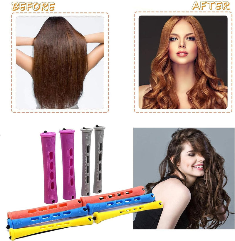 60 Pcs Hair Perm Rods Set Short Plastic Perming Rods Cold Wave Rods, 6 Sizes Hair Curling Rollers Hairdressing Tools with Tail Comb Steel Pintail Hair Comb for Hairdressing Hair Styling