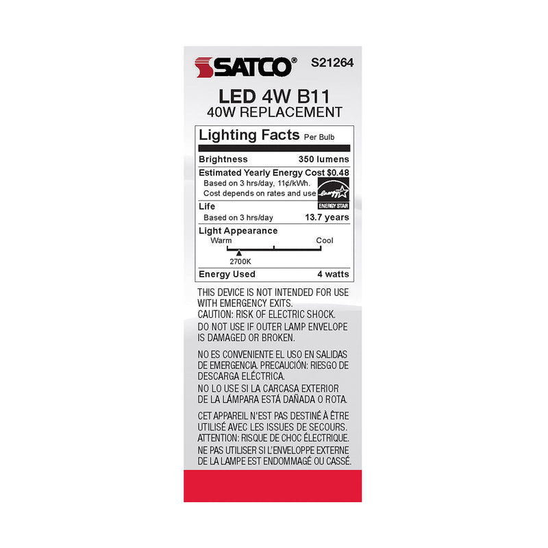 Satco S21264 4W LED Filament B11 Candle Light Bulbs, E12 Candelabra Base, 2700K Warm White, 350 Lumen, Dimmable, Wet Location, Clear, 120V, 6 Pack