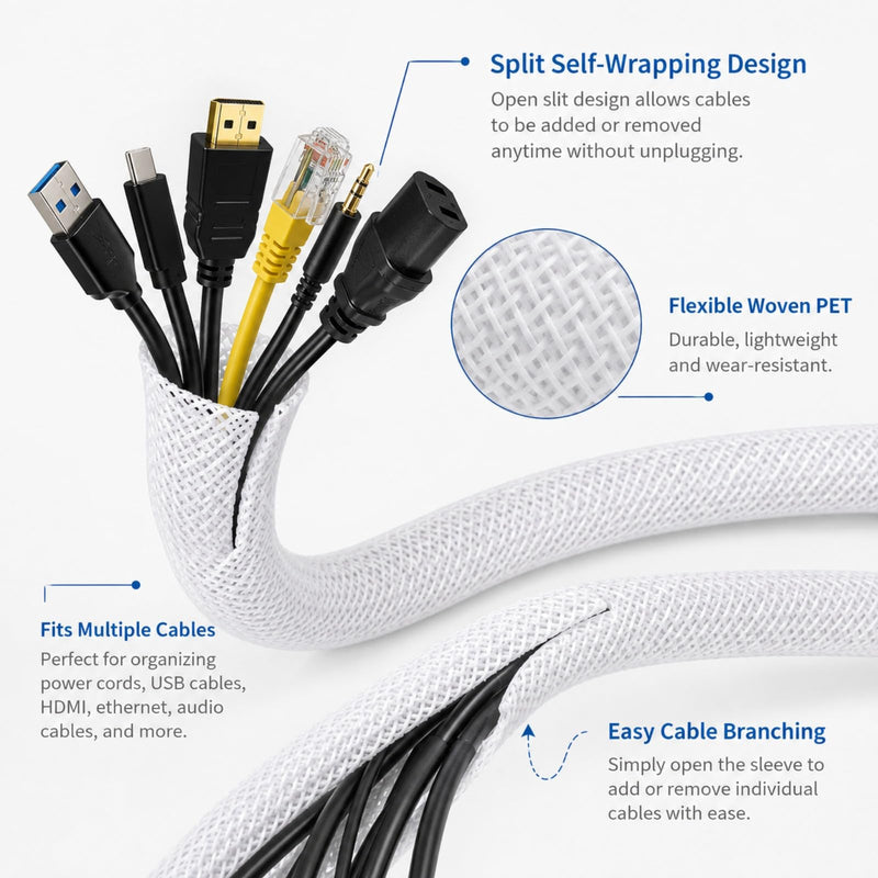 Cable Sleeve, 6.56ft Cable Management, Desk Cord Cover Organizer Wire Hider for Computer TV Wire Loom Tubing, Pet Proof Cord Protector from Cat Dog Chewing (6.56FT,White) White