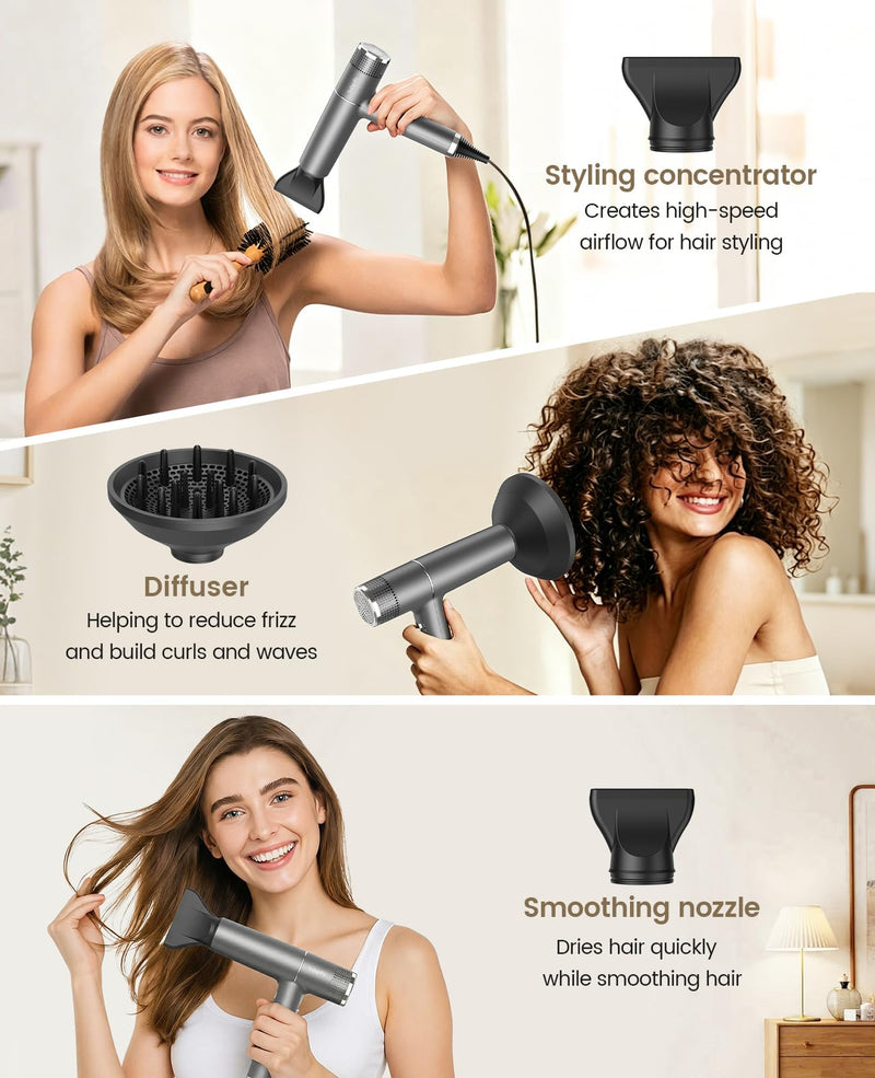 Ionic Hair Dryer 2000W High-Speed Fast Drying, 268g Lightweight, 110,000 RPM Brushless Motor, Low Noise, Travel Hairdryer with Diffuser & Concentrator, UK Plug, for Women Family Salon (Gray) Gray