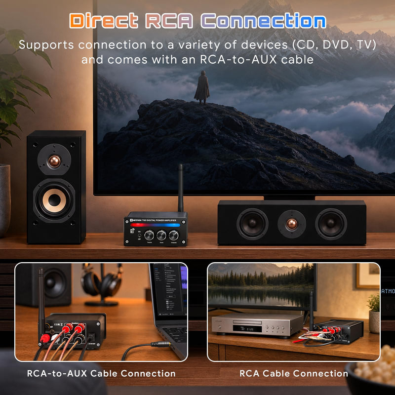 T60A Bluetooth Stereo Amplifier 100W×2 RMS 2CH Receiver | Bluetooth AmpIDual ChipTPA3116 Amp with Bass Treble KnobI 2 Channel Amp with Bluetoothfor Bookshelf, Ceiling, Garage