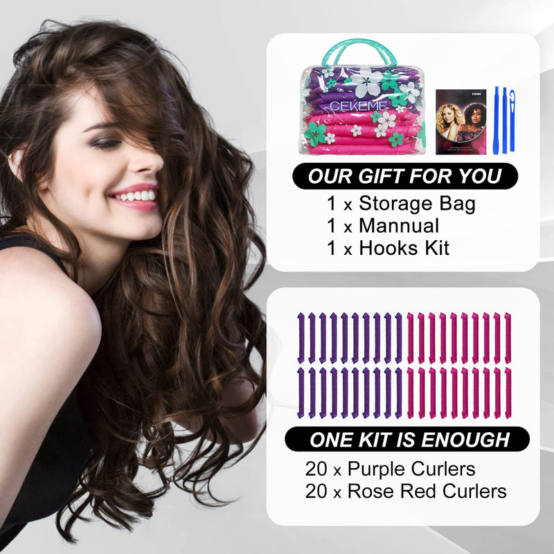 42pcs No Heat Hair Curlers Heatless Spiral Curlers with 2 Sets Styling Hooks 22inch/55cm Magic Hair Rollers No Heat Damage DIY Styling Kit for Women Kids Long Medium Hair Pink