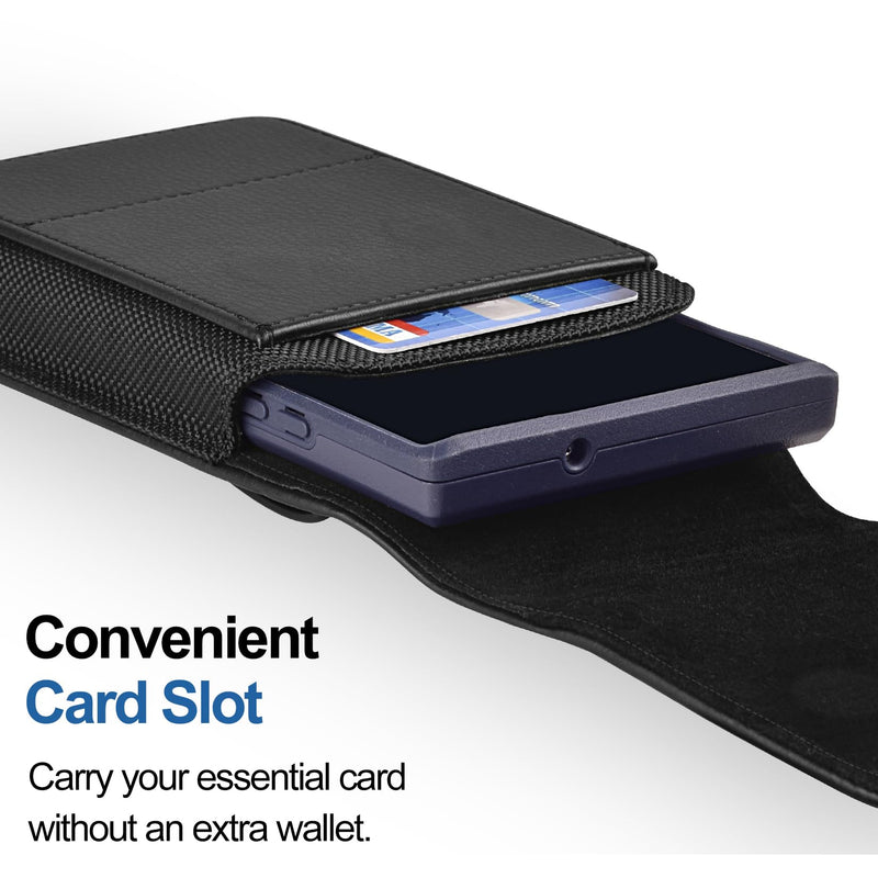 Leather Phone Holster for iPhone 13 Pro Max, Black | Belt Clip, Magnetic Closure, Card Holder, Premium PU Leather, Elastic Side Bands, Soft Lining, Fits Protective Cover on