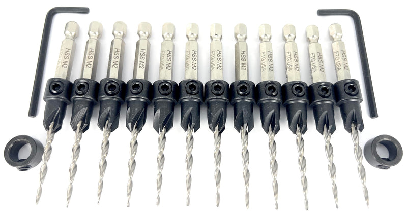 FTG USA 12 Pc #6 (9/64") Adjustable Wood Countersink Drill Bit Set Case | 12pc counter sink drill bit for wood, all same size; parabolic flute, 2 depth stop collar, hex key, storage container 12 Pc Same Size