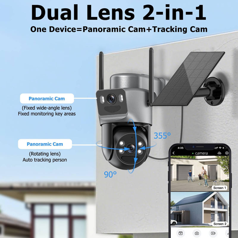 Kurain 6MP Solar Security Cameras Wireless Outdoor, 5ghz & 2.4ghz WiFi 6, Panoramic & Tracking Dual Lens 2-in-1 Home Security Camera with Color Night Vision/PIR Motion Alarm/Human Tracking/360°PTZ Grey