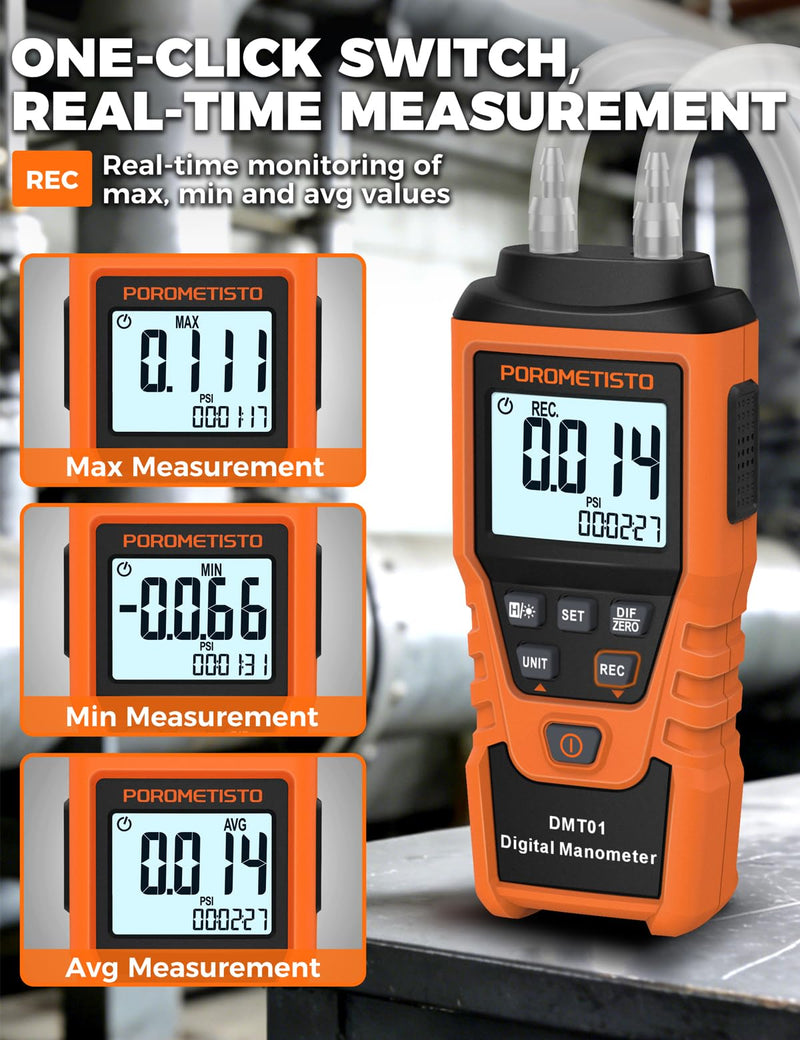 DMT01 Digital Manometer POROMETISTO, Manual Calibration Custom Zero, Real time Measurement, Max/Min/Avg Recording,HVAC Manometer, 12 Units Gas Pressure Tester, Differential Pressure Gauge