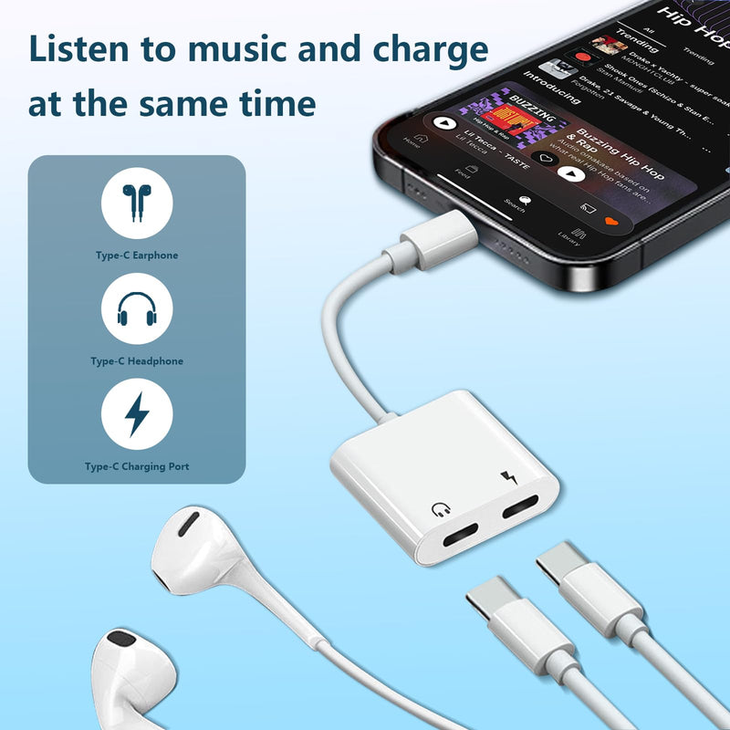 Dual USB C Headphone and Charger Adapter for iPhone, USB Type C to Aux Audio + Charge Dongle Adapter for iPhone 17/17 Pro/17 Pro Max/Air/16/16 Pro Max/15/15 Pro Max (1PACK) 1PACK