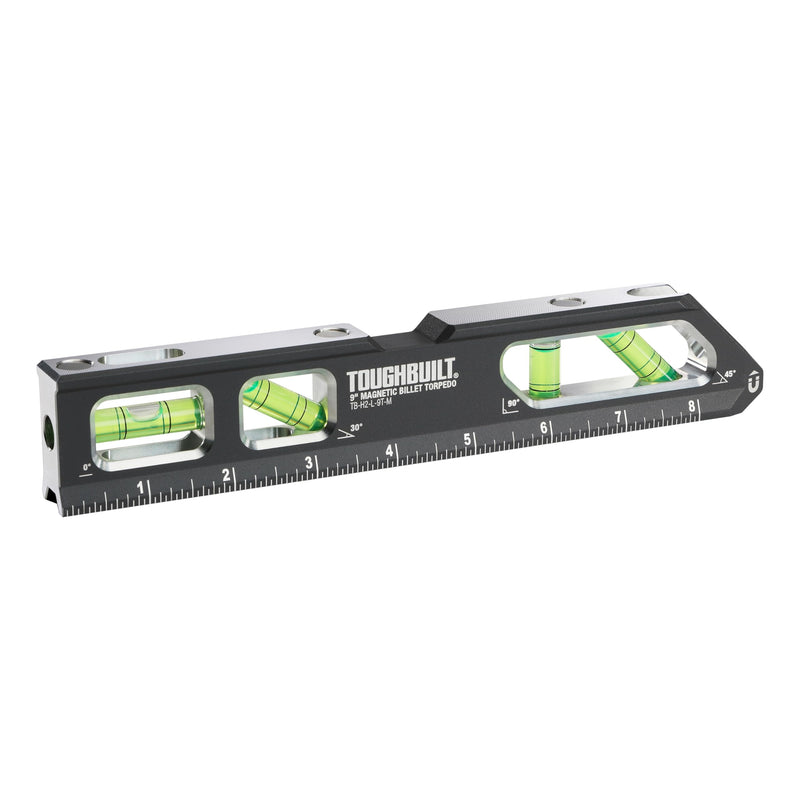 ToughBuilt – 9" Magnetic Billet Torpedo Level, Precision Machined Aluminum Level with Rare Earth Magnets, V-Groove Base, Laser-Etched Markings, Shockproof End Caps Professional Accuracy (TB-H2-L-9T-M)