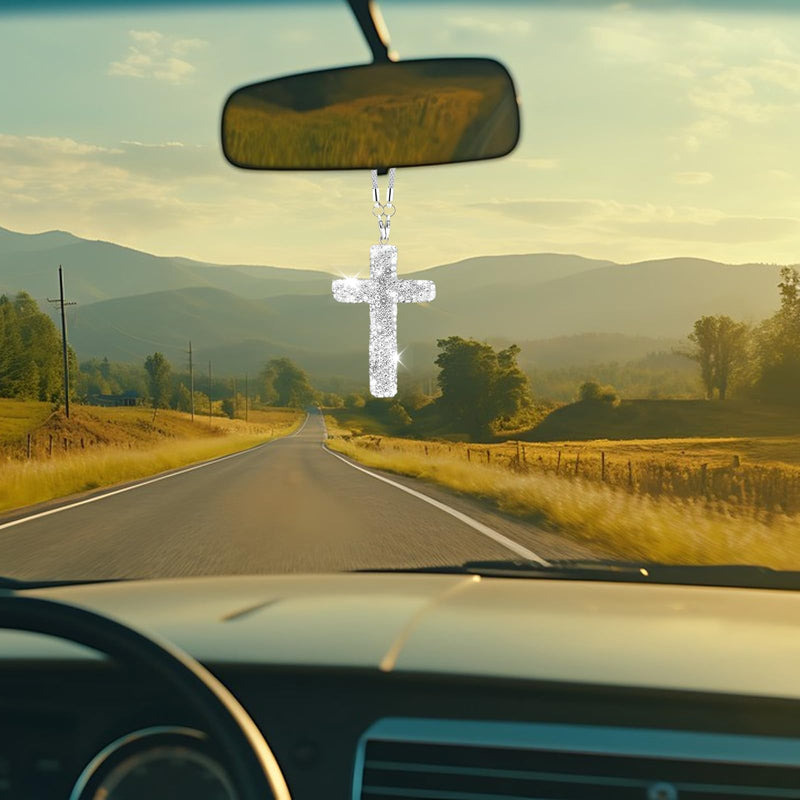 Bling Car Rear View Mirror Accessories Hanging Pendant,Cross Crystal Rhinestone For Car Mirror Hanging,Double-Sided Cross Diamond Religious,Interior Men Women Car Accessories Silver White