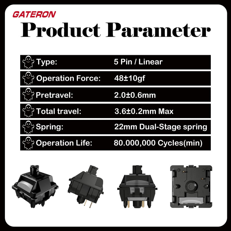 Gateron Ghost Switches for Mechanical Gaming Keyboard,5-Pin 48gf RGB SMD Dual-Stage Spring Pre-Lubed Full POM Linear Switches(90PCS) 90Pcs Ghost switch with light guide
