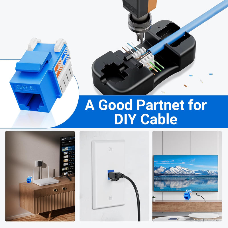 10Gbps Cat6 Keystone Jacks 25-Pack, RJ45 Keystone Jack, Ethernet Keystone Jack in Blue with Punch-Down Tool and Punch-Down Stand for Wall Plate