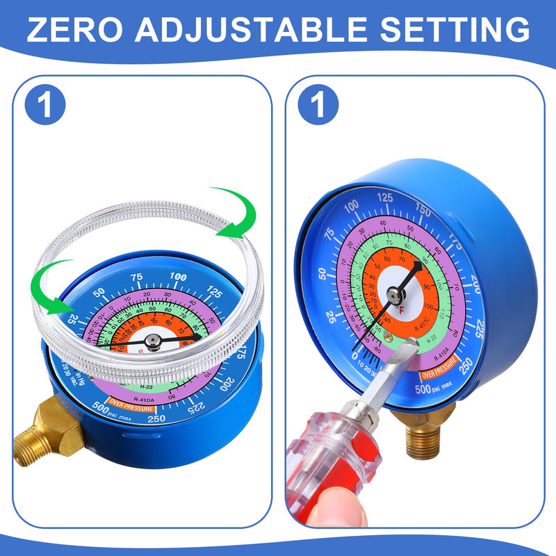 Relaxweex Refrigeration Pressure Gauge Kit R-134a, R-404a, R-2092, R-410a R-134a 0-800psi 1/8" Npt Lower Mount 30inhg-0-250psi, 250-500psi & 0-800psi Degree F Blue Dial & Red Dial (70mm(2-3/4" Dial)) 70mm(2-3/4" Dial)