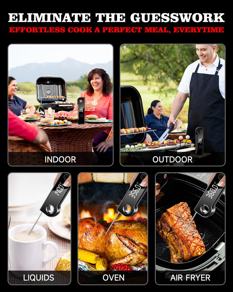 2025 Meat Thermometer Digital, ±0.5°F Accuracy Instant Read Thermometer180° Rotating Display, Calibratable and Auto Off, IP67 Waterproof Food Thermometer for Cooking,Grill,Oil Deep Fry, Brewing,Candy Black