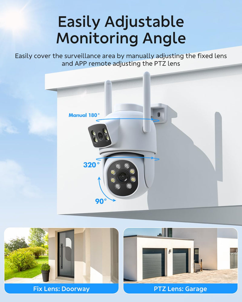Dual Lens Security Cameras Wireless Outdoor, 2K Full HD Video, 360° View Pan/Tilt Home Security Camera with Color Night Vision, PIR Alarm, 2.4G/5G WiFi, Auto Tracking, 2-Way Audio, Easy to Install Single Camera