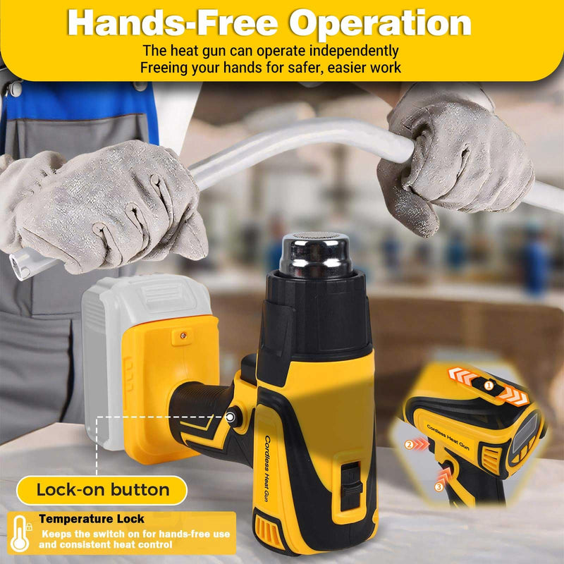 Cordless Heat Gun Compatible with Dewalt 20V Battery 350W Fast Heating 2-Temp Setting120℉-1110℉ Portable Hot Air Gun with LCD Display 4Nozzle for DIY shrink wrapping (Tool Only, Not Made by Dewalt)