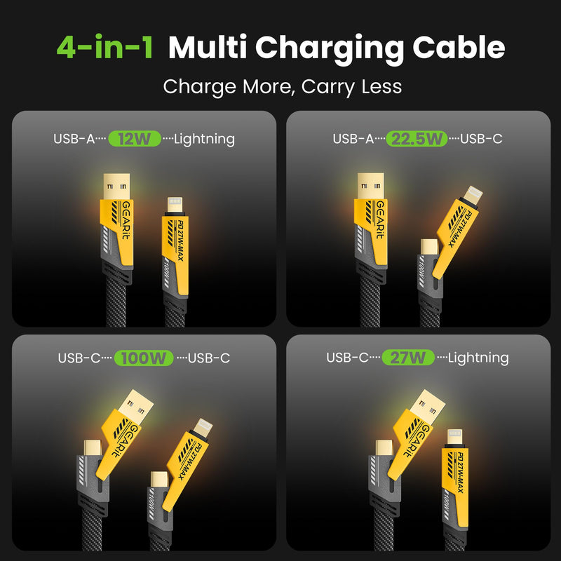 GEARit 100W 4 in 1 Charging Cable, USB C Multi Charging Cable with USB-A & Lightning Compatible Tips, Fast Charge Multi Charger Cable for Multiple Devices, iPhone, MacBook, 3.3FT Black 3.3FT/1.2M 4 IN 1-100W