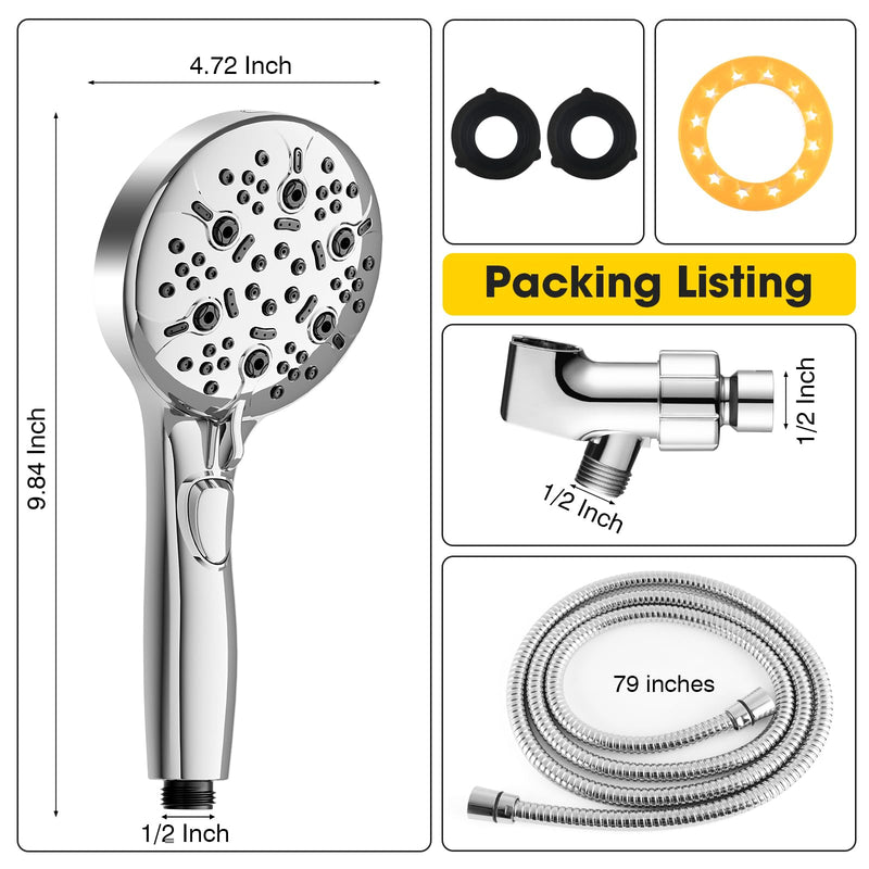 High Pressure Shower Head with Handheld,8-settings Handheld Shower Head with On Off Switch,79-inches Extra Long Hose and Built-in Power Wash to Tub,Wall&Tile,Adjustable Brackets,Silver