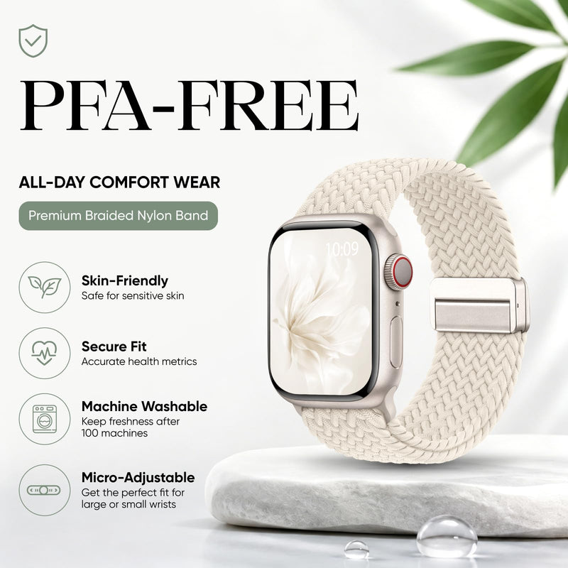 Butifacion Apple Watch Bands for Women: Braided Strap Fit All iWatch Models | 4 Pack Stretchy Breathable Bands with Secure Magnetic Clasp, Quick Adjustment, Durable for All-Day Comfort, Machine Washable Black/Milk Tea/Pink/Starlight