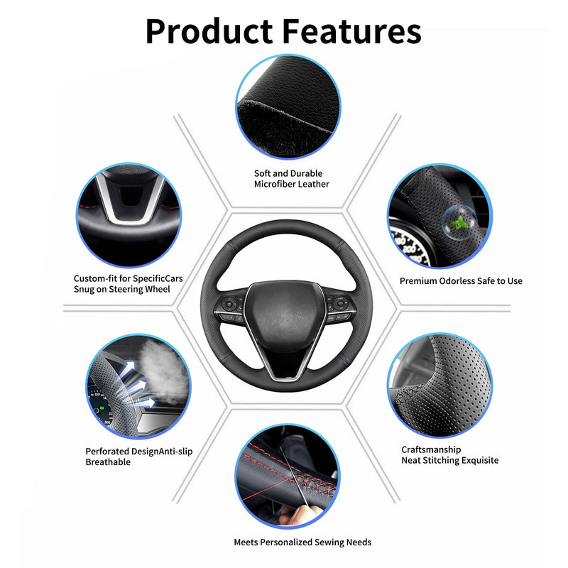 Hand Sewn Steering Wheel Cover for Toyota RAV4 SUV 2019-2024 / Avalon 2019-2022 / Camry 2018-2024 / Corolla 2020-2025 Genuine Leather Sew On Steering Wheel Cover Full-Wrap Accessories(Black) Black