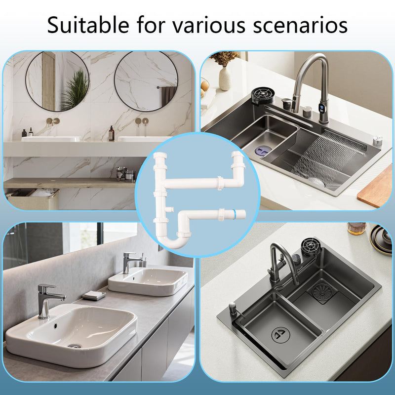 Universal 1-1/2" Kitchen Sink Drain Kit, Space-Saving kitchen drain P-trap With retractable flexible Pipe Completed Sink Pipe Replacement Kit (DIY Installation) Double Sink Drain Kit White