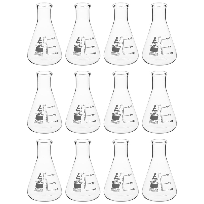 EISCO 12PK Erlenmeyer Flasks, 100mL - Borosilicate Glass - Narrow Neck, Conical Flasks 12