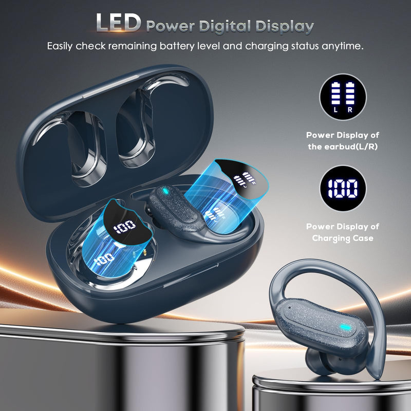 TRAUSI Wireless Earbuds Bluetooth Headphones, 54H Playtime Stereo Over Ear Buds with ENC Noise Cancelling, LED Power Display, IPX7 Waterproof Sport Earphones wih Earhooks for Running/Workouts Blue